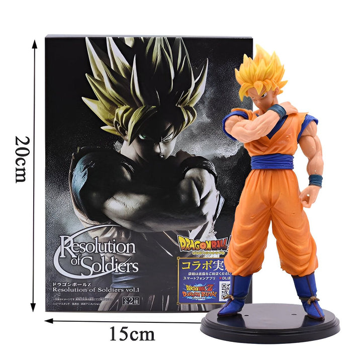 Une figurine de Son Goku, un personnage de la série Dragon Ball Z. Il est représenté avec ses cheveux blonds hérissés, sa combinaison orange et sa ceinture bleue. Il est également en position de combat.,FI-4465818211