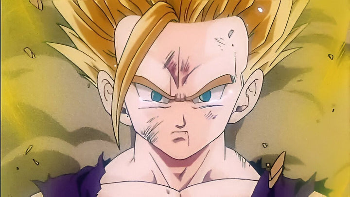 Une image de Son Gohan, un personnage de la série animée Dragon Ball Z. Il est représenté en Super Saiyan 2, avec les cheveux jaunes et les yeux bleus. Il est en colère et prêt à se battre.,FI-8188143731