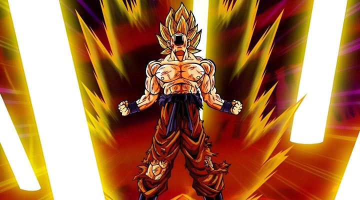 Une image de Son Goku, un personnage de la série animée Dragon Ball Z. Il est représenté en train de se transformer en Super Saiyan, avec les cheveux jaunes et les yeux bleus. Il est entouré d'une aura dorée et de rayons lumineux.,FI-4265488455
