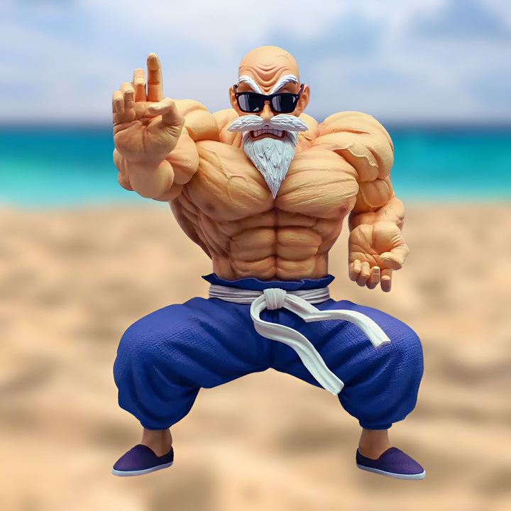 Une figurine de Master Roshi, un personnage de Dragon Ball Z, est debout sur une plage. Il est vêtu d'un pantalon bleu et d'une chemise blanche, et il porte des lunettes de soleil. Il a les cheveux blancs et une longue barbe blanche. Il est en train de faire un kamehameha.,FI-2942176539
