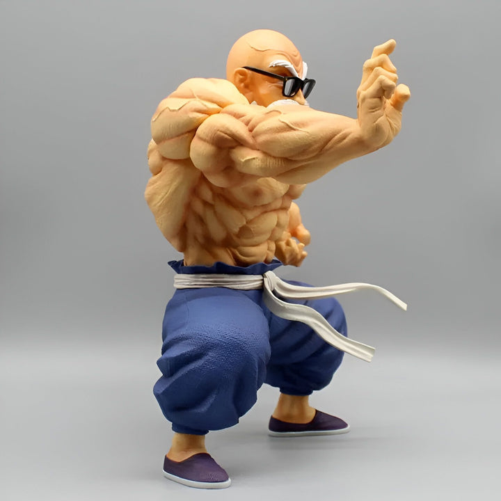 Une figurine en plastique de Master Roshi, un personnage de Dragon Ball Z. Il est représenté en train de se battre, avec ses muscles saillants et ses lunettes de soleil. Il porte un pantalon bleu et une ceinture blanche.,FI-2942176539