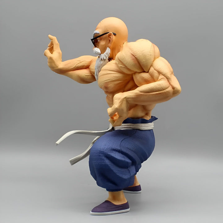 Une figurine de Muten Roshi, un personnage de Dragon Ball Z. Il est représenté avec ses lunettes de soleil, sa ceinture blanche et son pantalon bleu. Il est en position de combat.,FI-2942176539
