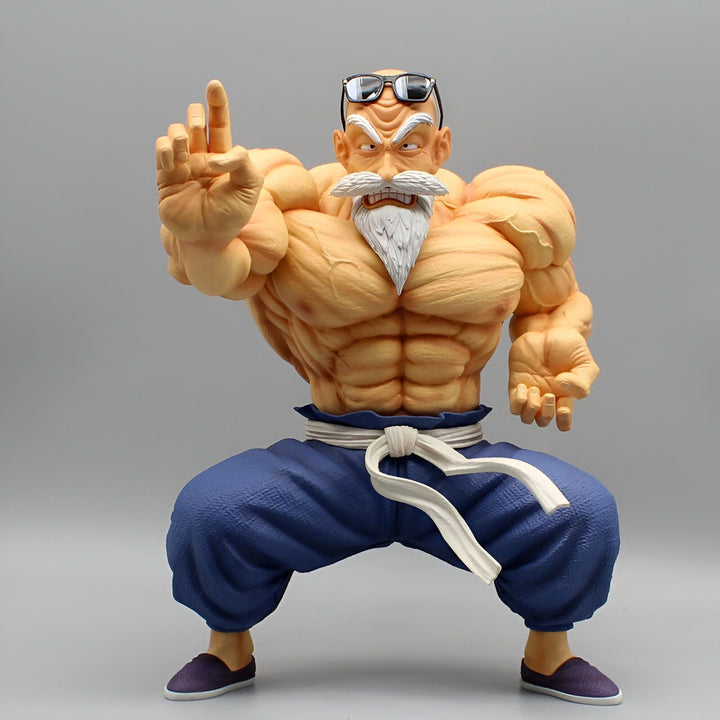 Une figurine de Muten Roshi, un personnage de Dragon Ball Z. Il est représenté avec ses lunettes de soleil, sa chemise ouverte et son pantalon bleu. Il est en position de combat, avec un poing levé et l'autre poing fermé.,FI-2942176539