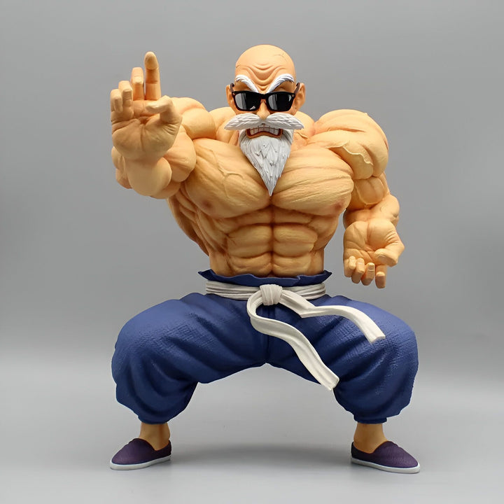 Une figurine en plastique du personnage Master Roshi de la série Dragon Ball Z. Il est représenté avec ses lunettes de soleil, sa barbe blanche et ses muscles saillants. Il porte un pantalon bleu et une ceinture blanche. Il est en position de combat, prêt à attaquer.,FI-2942176539