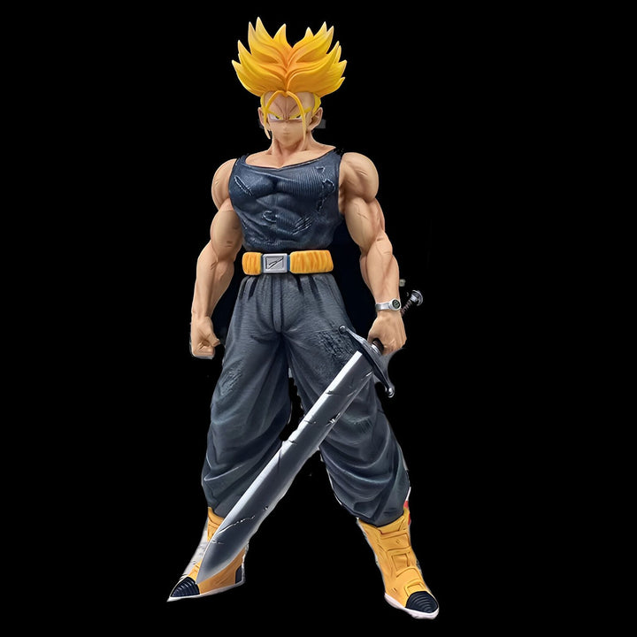 Une figurine de Trunks du futur, un personnage de Dragon Ball Z. Il est vêtu d'un débardeur noir déchiré, d'un pantalon noir déchiré et de bottes jaunes. Il tient une épée dans sa main droite.,FI-296402930X