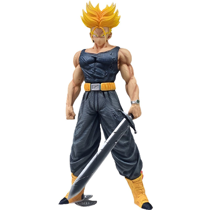Une figurine de Trunks du futur, un personnage de Dragon Ball Z. Il est représenté avec ses cheveux blonds hérissés, sa tenue noire et son épée.,FI-296402930X