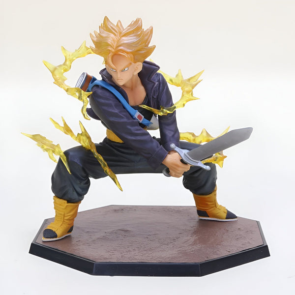 Une figurine de Trunks du futur, un personnage de Dragon Ball Z. Il est représenté avec ses cheveux blonds hérissés, sa veste bleue et son pantalon jaune. Il tient une épée dans sa main droite et semble prêt à se battre.,FI-4607500992