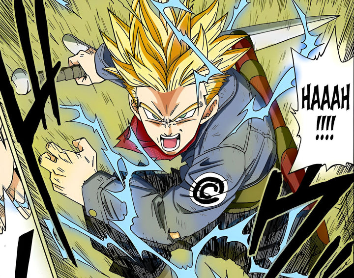L'image représente un personnage de dessin animé, Trunks, qui est en train de se battre. Il est entouré d'éclairs et de fumée, et il a l'air très puissant.,FI-4607500992