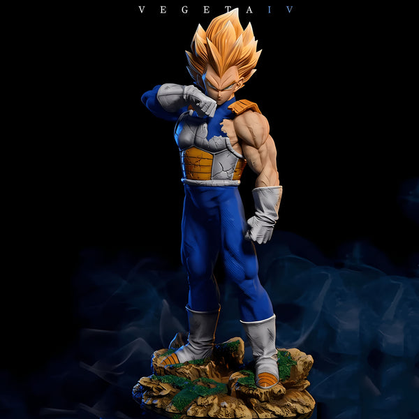 Une image de Vegeta, un personnage de la série Dragon Ball Z. Il est vêtu d'une combinaison bleue et jaune et a les cheveux blonds. Il est debout sur un rocher et regarde vers la droite.,FI-7340717927