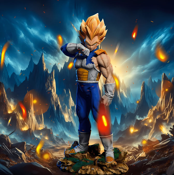 Une image de Vegeta, un personnage de la série Dragon Ball. Il est debout sur un rocher, vêtu d'une combinaison bleue et jaune, et il regarde vers la droite. Il y a des montagnes en arrière-plan et des explosions.,FI-7340717927