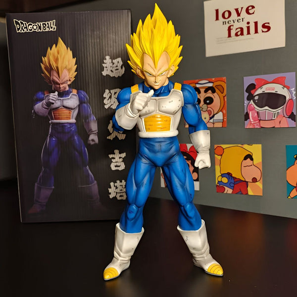 Une figurine de Son Goku, un personnage de la série Dragon Ball Z. Il est vêtu d'une combinaison bleue et jaune et a les cheveux jaunes. Il est en position de combat et pointe du doigt vers l'avant.,FI-5135402136