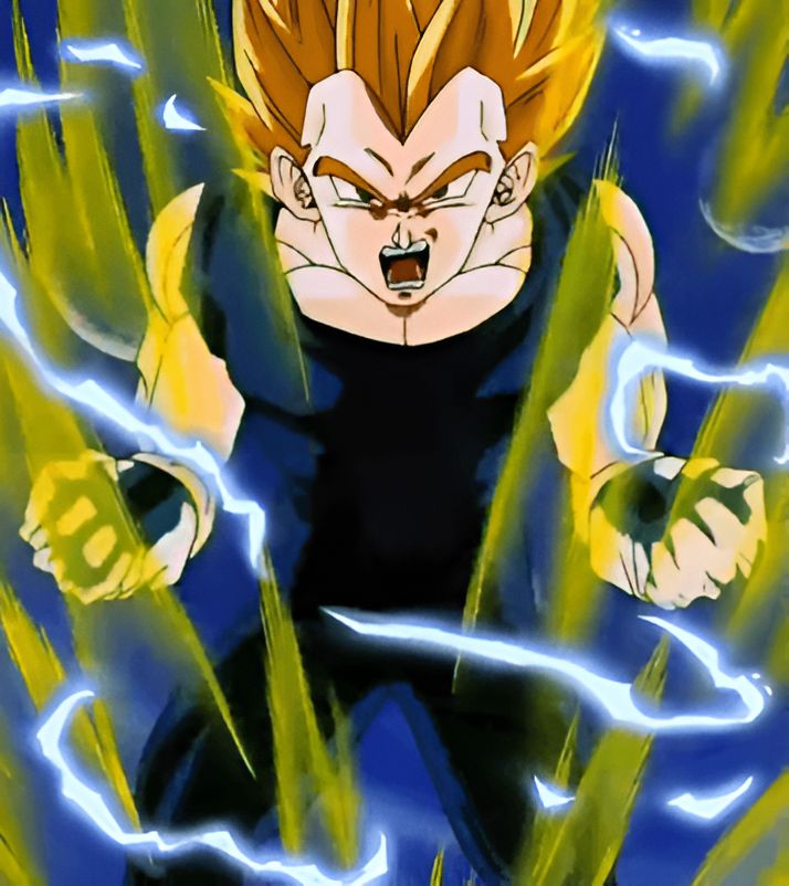 L'image représente un personnage de dessin animé, Vegeta, qui est en train de se transformer en Super Saiyan. Il est entouré d'éclairs jaunes et ses cheveux sont dressés vers le haut.,FI-5135402136