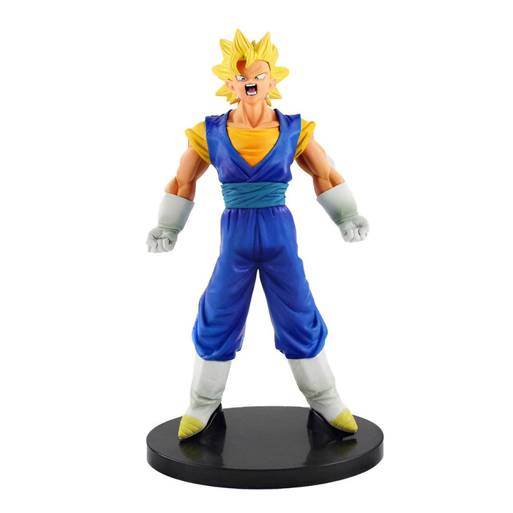 Une figurine de Vegeta, un personnage de la série Dragon Ball Z. Il est vêtu d'une combinaison bleue et jaune et a les cheveux blonds. Il est en position de combat, le poing droit en avant et le gauche replié près du corps.,FI-7382719782