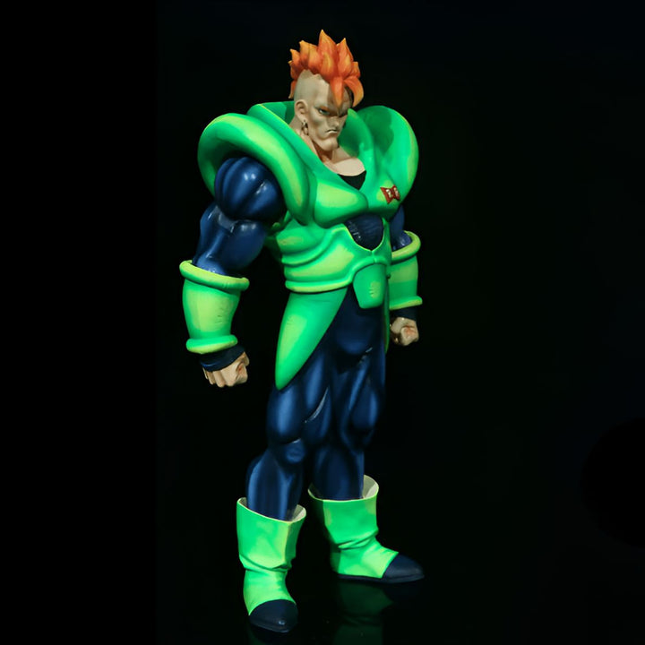 Une figurine d'Androïde 16, un personnage de Dragon Ball Z. Il est vêtu d'une combinaison verte et jaune, et a les cheveux orange. Il est en position de combat.,FI-2865343227
