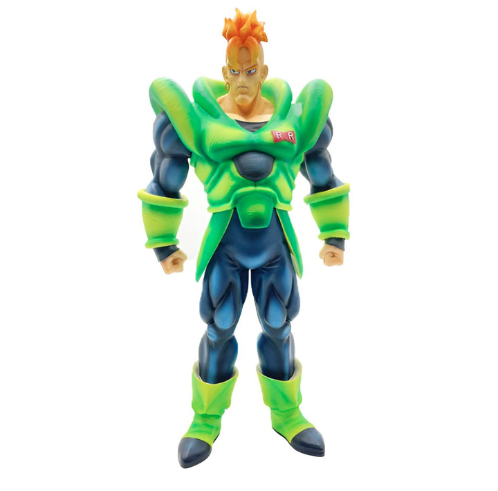 L'image représente Androïde 16, un personnage de Dragon Ball Z. Il est grand et musclé, avec la peau verte et les cheveux jaunes. Il porte une armure verte et jaune.,FI-2865343227