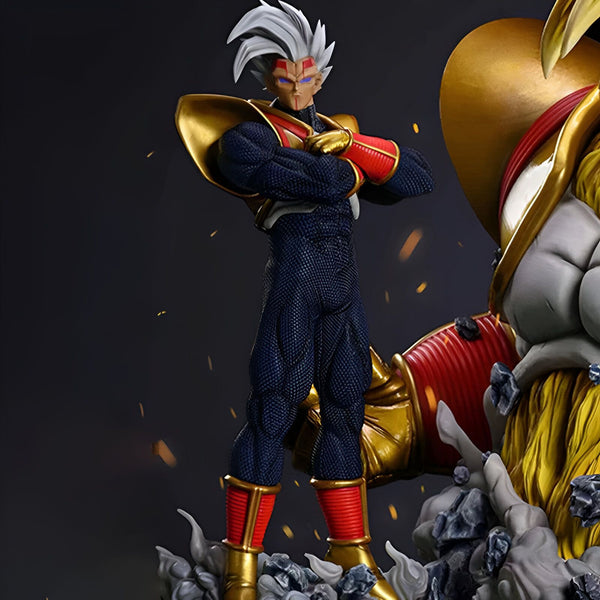 Une figurine de Bardock, un personnage de Dragon Ball Z. Il est vêtu d'une combinaison bleue et rouge avec des bottes et des gants jaunes. Il a les cheveux blancs et les yeux bleus. Il est en position de combat, les poings serrés.,FI-4964585956