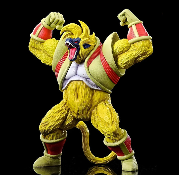 Cette image représente un personnage de Dragon Ball Super, Golden Oozaru Broly. Il est représenté avec ses cheveux jaunes et sa fourrure dorée, et porte une armure rouge et jaune. Il est en position de combat, avec les poings levés et la bouche ouverte.,FI-1873456719