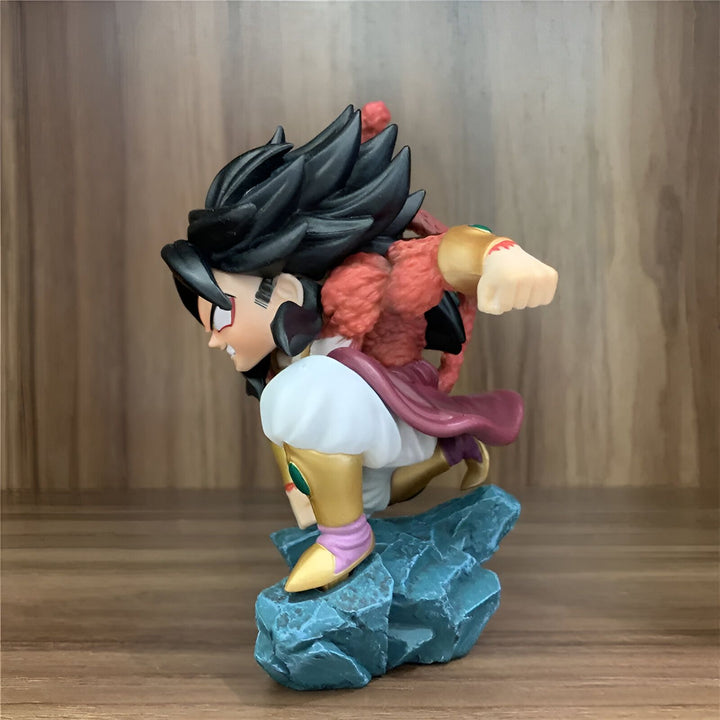 Une figurine de Broly, un personnage de Dragon Ball Z. Il est représenté avec ses cheveux noirs et rouges, et porte une tenue jaune et bleue. Il est en position de combat, le poing droit en avant. La figurine est posée sur un socle bleu.,FI-6319481943
