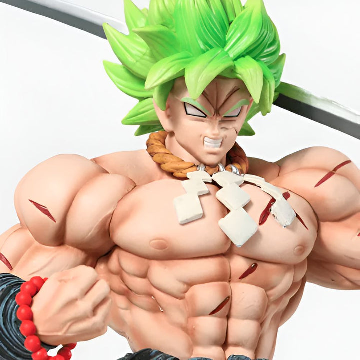 Une figurine de Broly, un personnage de Dragon Ball Z, avec les cheveux verts, la peau bronzée et des muscles saillants. Il porte une épée dans son dos et a une expression faciale déterminée.,FI-9131618049