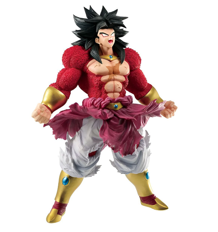 Une figurine de Broly, un personnage de Dragon Ball Z. Il est représenté avec les cheveux noirs et les yeux verts, et porte une tenue rouge et jaune. Il est en position de combat, avec les poings serrés et les muscles tendus.,FI-2533305529