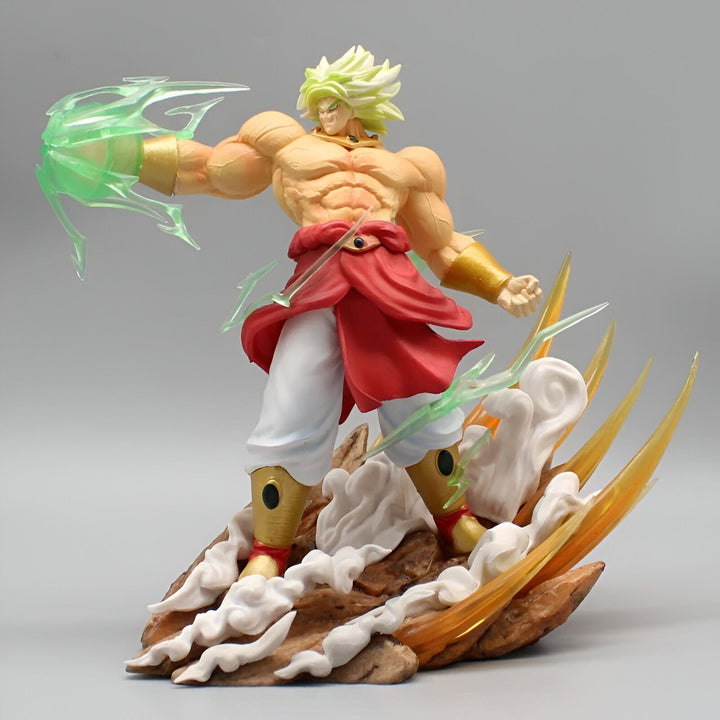 Une figurine de Broly, un personnage de Dragon Ball Z, est debout sur un rocher. Il est vêtu d'un pantalon blanc et d'une ceinture rouge. Il a les cheveux verts et les yeux bleus. Il est en train de charger une attaque énergétique verte dans sa main droite.,FI-3471037187