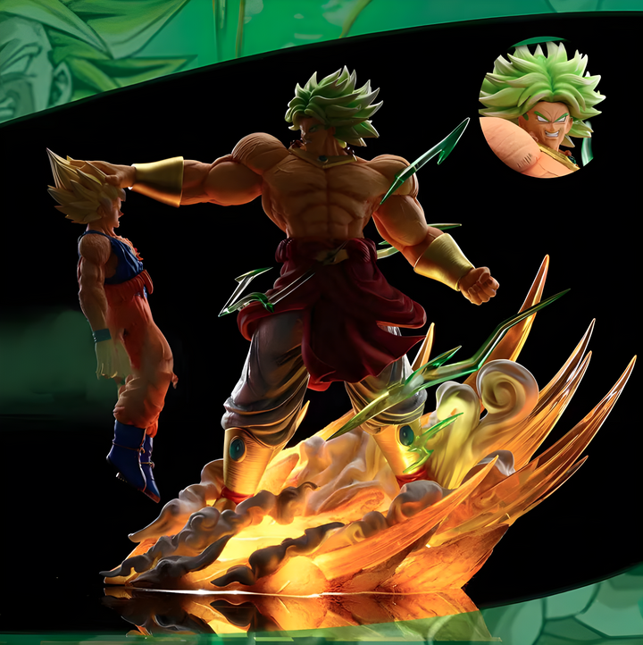 Une figurine de Broly, un personnage de Dragon Ball Z, en train de soulever Goku. Broly est un personnage grand et musclé avec des cheveux verts et des yeux bleus. Il porte une armure dorée et des bottes. Goku est un personnage plus petit avec des cheveux noirs et des yeux bleus. Il porte un gi orange et des bottes bleues. La figurine est posée sur un socle doré avec des éclairs jaunes.,FI-3471037187