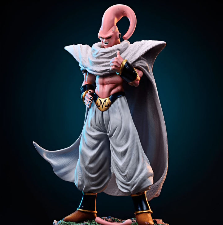 Une figurine de Buu, un personnage de Dragon Ball Z. Il est rose, avec un pantalon blanc, une cape blanche et une ceinture dorée. Il est en train de sourire et de montrer son pouce levé.,FI-2439423645