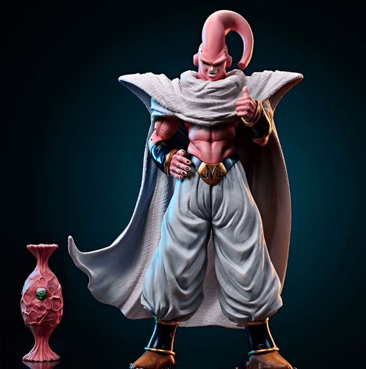Une image de Buu, un personnage de Dragon Ball Z. Il est rose, avec des cheveux blancs et une longue cape blanche. Il est en train de sourire et de montrer son pouce levé. A côté de lui se trouve un récipient rose avec un liquide vert.,FI-2439423645