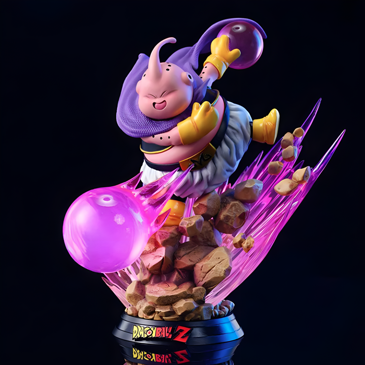 Une figurine de Majin Buu, un personnage de Dragon Ball Z. Il est représenté en train de voler et de tirer une boule d'énergie rose.,FI-1798260948
