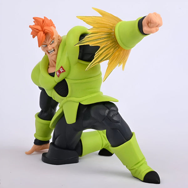 Une figurine d'Android 16, un personnage de Dragon Ball Z. Il est vêtu d'une combinaison verte et jaune et a les cheveux roux. Il est en position de combat.,FI-3419422903