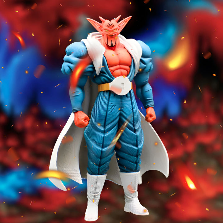 Une figurine de collection de Bibidi, un personnage de la série Dragon Ball Z. Il est représenté avec sa peau rose, ses cheveux blancs et sa tenue bleue et blanche. Il se tient debout, les poings serrés, prêt à attaquer. L'arrière-plan est rouge et orange, avec des flammes qui jaillissent.,FI-7669743395