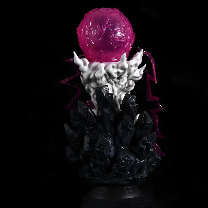 Une sphère rose est suspendue au-dessus d'un amas de roches noires. La sphère est entourée d'éclairs blancs.,FI-633313399X