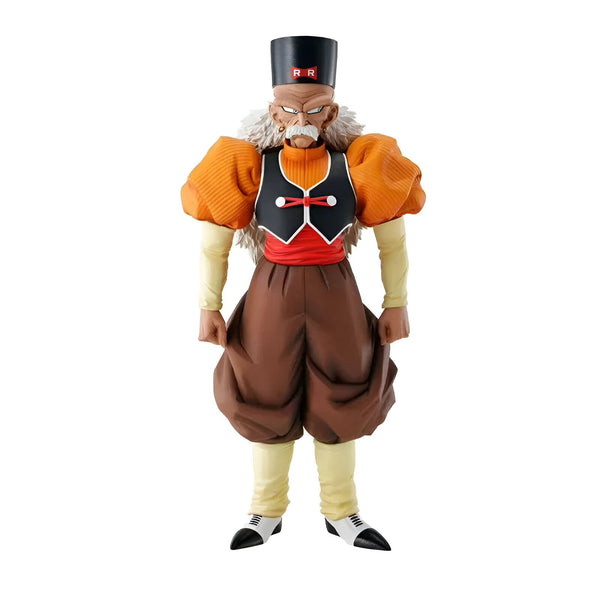 Une figurine de collection de Dr. Rota, un personnage de la série Dragon Ball Z. Il est vêtu d'une veste orange et d'un pantalon marron. Il a une longue barbe blanche et un chapeau noir avec un "R" rouge dessus.,FI-8304102358