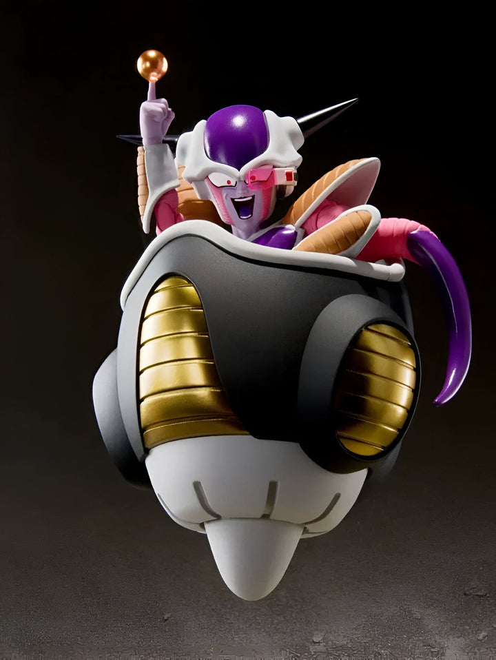 L'image représente Freezer, un personnage de la série Dragon Ball Z. Il est assis sur un trône et porte une armure violette et dorée. Il a une expression arrogante sur le visage et tient une boule d'énergie dans sa main droite.,FI-7458486880