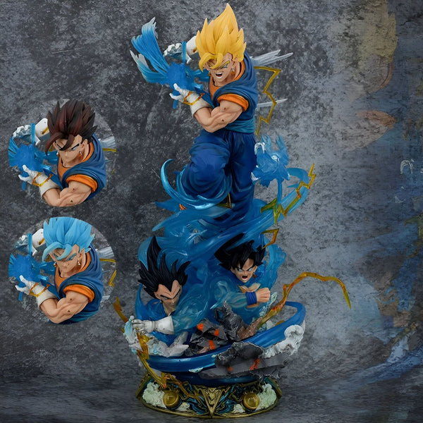 Une figurine de Vegeta, un personnage de Dragon Ball Z. Il est représenté en train de se battre, avec ses cheveux jaunes et bleus hérissés, et une aura bleue l'entourant. Il est également entouré de trois autres personnages, qui sont tous des versions différentes de Vegeta.,FI-6100452774