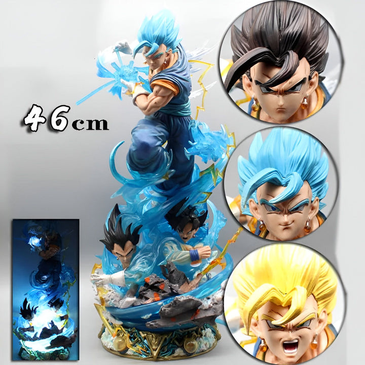 Une figurine de Vegeta, un personnage de Dragon Ball Z. Il est représenté en train de se battre, avec ses cheveux bleus et sa combinaison bleue. La figurine est éclairée par une lumière bleue.,FI-6100452774