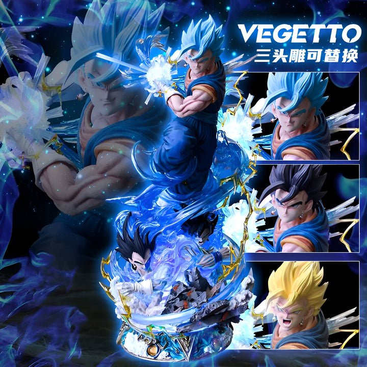 Une image de Vegetto, un personnage de Dragon Ball Z. Il est représenté en train de se battre, avec des éclairs bleus autour de lui. Il porte une combinaison bleue et jaune, et a les cheveux bleus.,FI-6100452774