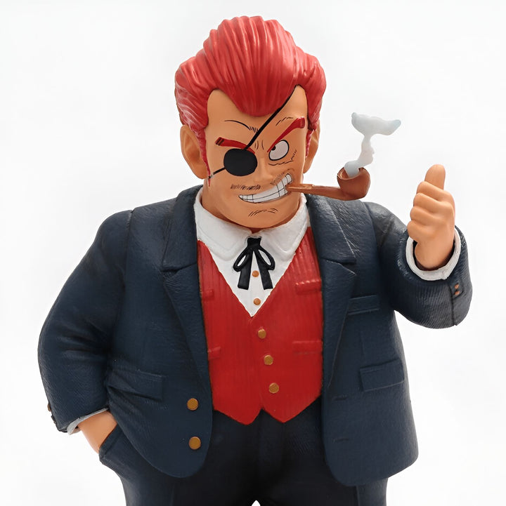 Une figurine en plastique rouge et bleue de M. Satan, un personnage de la série Dragon Ball Z. Il porte un costume bleu avec une chemise rouge et une cravate noire. Il a les cheveux roux et un œil gauche fermé. Il est en train de fumer la pipe et de sourire.,FI-506968812X