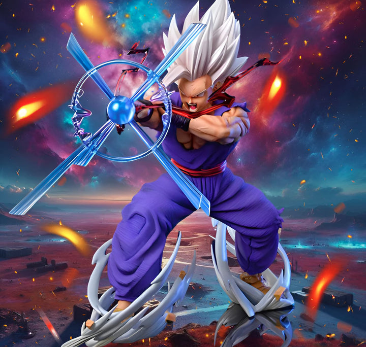 Une image de Son Gohan, un personnage de Dragon Ball Z. Il est représenté en train de se battre, avec une aura bleue autour de lui. Il porte une combinaison violette et blanche, et ses cheveux sont blancs.,FI-9736756378