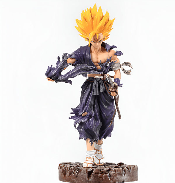 Une figurine de Son Goku, un personnage de la série animée Dragon Ball Z. Il est vêtu d'un kimono violet déchiré et tient un sabre dans sa main droite.,FI-5804695304