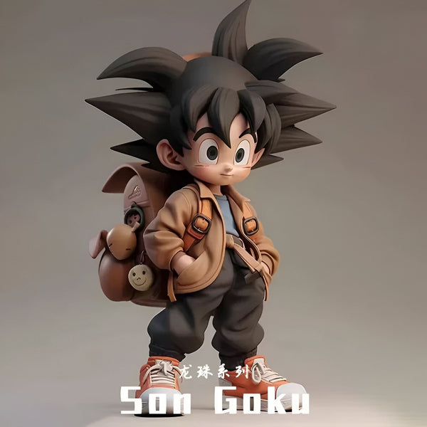 Une image de Son Goku, un personnage de Dragon Ball Z. Il est représenté avec une veste marron, un pantalon noir et des baskets orange. Il porte un sac à dos marron avec un chien en peluche accroché. Il a les cheveux noirs hérissés et les yeux bleus.,FI-5210610748