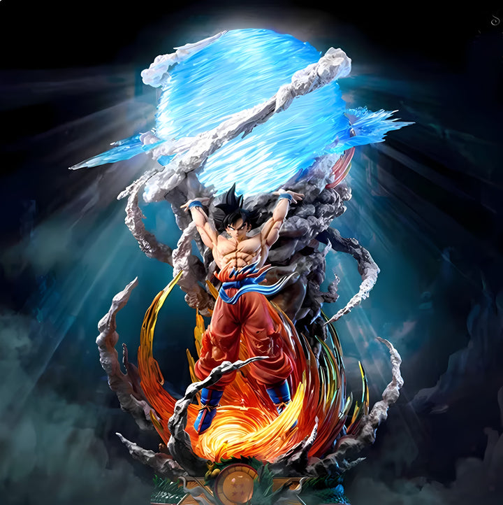 Une image de Son Goku, un personnage de Dragon Ball Z, en train de charger une attaque énergétique bleue. Il est entouré de fumée et de flammes.,FI-629852438X