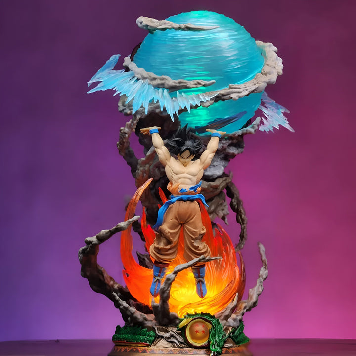 Une figurine de Son Goku, un personnage de Dragon Ball Z, en train de s'envoler. Il est entouré d'un socle enflammé et tient une planète entre ses mains.,FI-629852438X