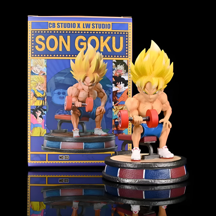 Une figurine de Son Goku, un personnage de Dragon Ball Z, est en train de soulever des poids. Il est assis sur un banc et porte une tenue de sport. La figurine est très détaillée et mesure environ 15 cm de haut. Elle est fabriquée en PVC et est très résistante.,FI-9124101168