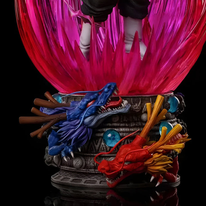 Une image de Son Goku, un personnage de Dragon Ball Z, en train de se téléporter. Il est entouré d'une aura rose et bleue. Shenron, le dragon sacré, est enroulé autour de la base de la statue.,FI-4130228862