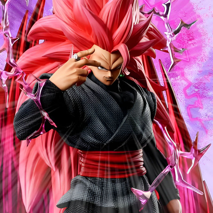 Une figurine de Son Goku, un personnage de Dragon Ball Super, portant une combinaison noire et une ceinture rouge. Il a les cheveux roses et les yeux verts. Il est entouré d'une aura rose et noire.,FI-4130228862