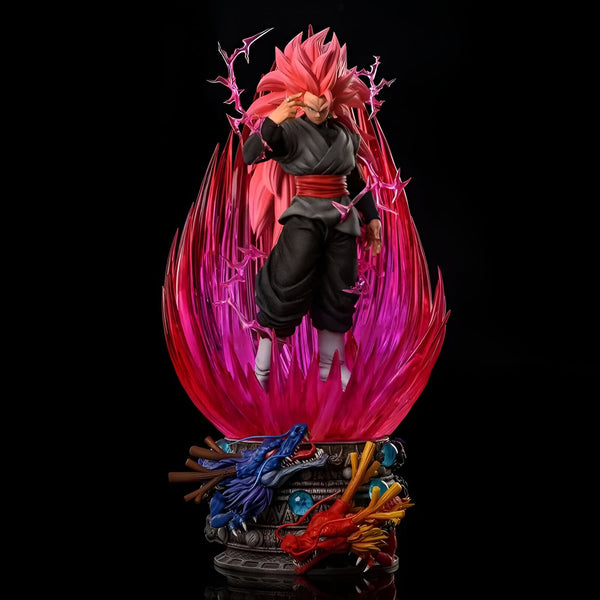 Une figurine de Son Goku, un personnage de Dragon Ball Z, dans sa forme Super Saiyan Rosé. Il est représenté en train de voler, entouré d'un aura rose et noire. La figurine est posée sur un socle noir et mesure environ 30 cm de haut.,FI-4130228862