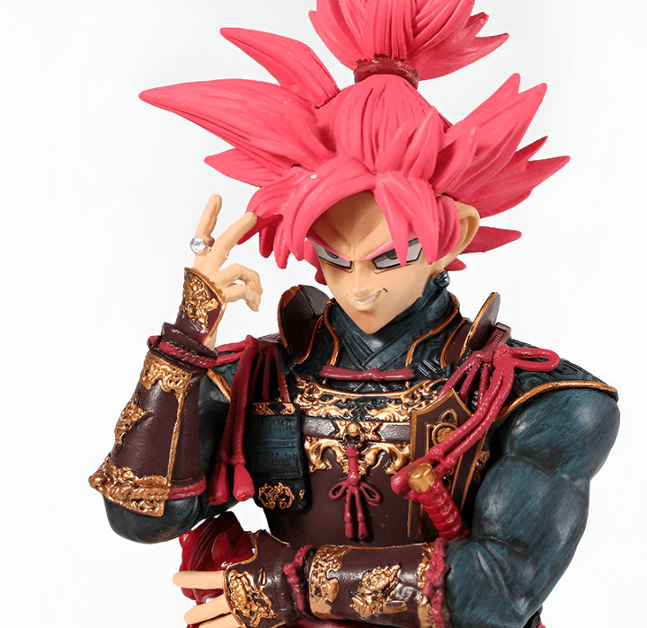 Une figurine de Son Goku, un personnage de la série Dragon Ball Z, portant une armure de samouraï. Il a les cheveux roses et porte une épée.,FI-4487361044