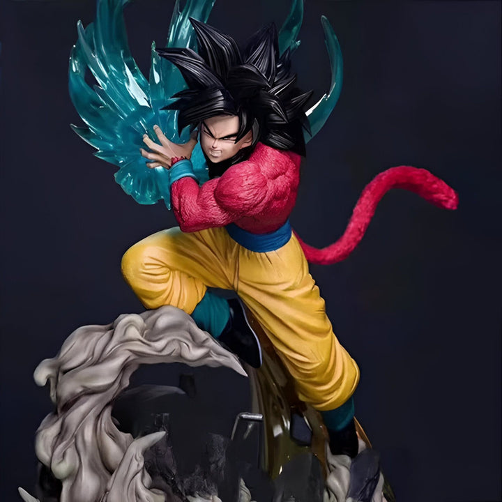 Une figurine de Son Goku, un personnage de Dragon Ball Z, en train de se battre. Il est vêtu d'un pantalon jaune et d'une veste orange et bleue. Il a les cheveux noirs et les yeux bleus. Il est en train de charger une attaque énergétique bleue.,FI-8859162556