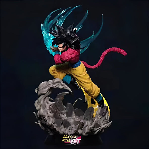 Une statue en résine de Son Goku, un personnage de la série animée Dragon Ball GT. Il est représenté en train de voler, entouré d'un nuage de fumée et de flammes. Il porte un gi orange et bleu, et ses cheveux sont noirs et hérissés. La statue est montée sur un socle noir.,FI-8859162556